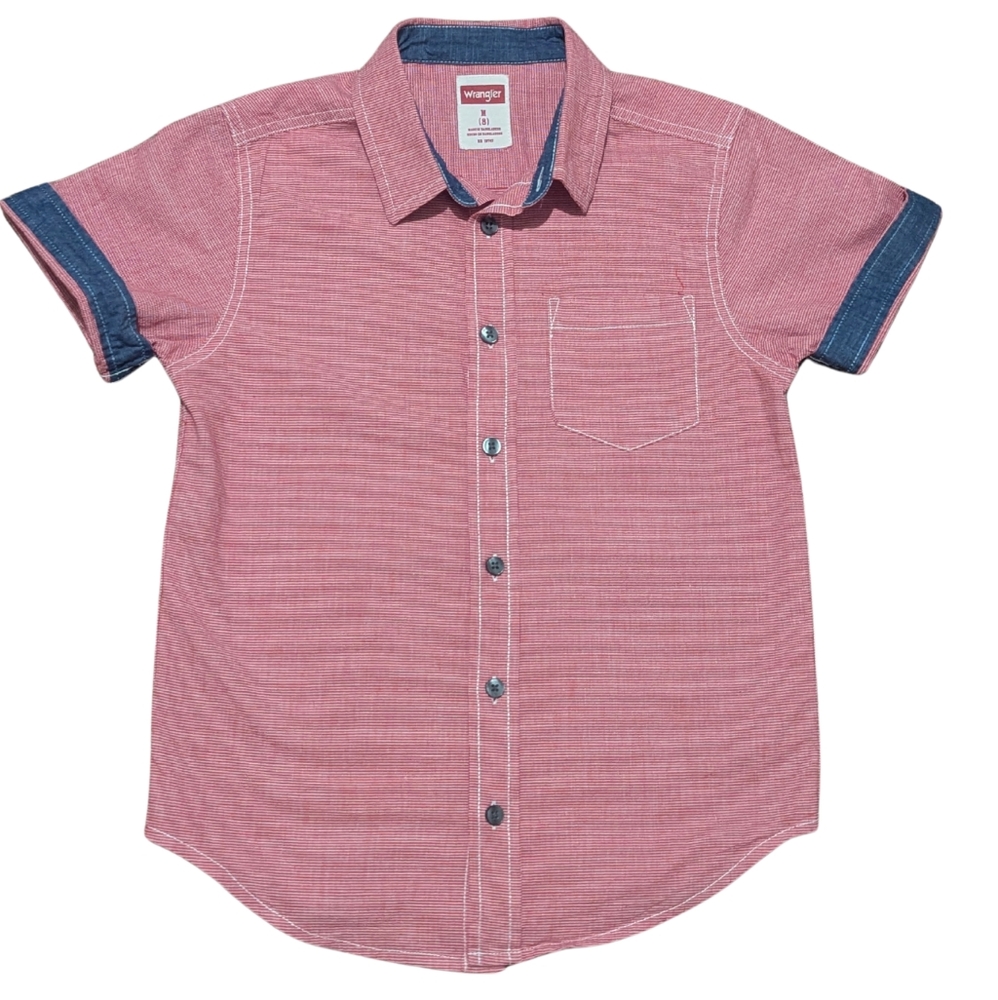 Wrangler Boys' Short Sleeve Button-Up Shirt – Red with Denim Trim, Size 8 (M)Add